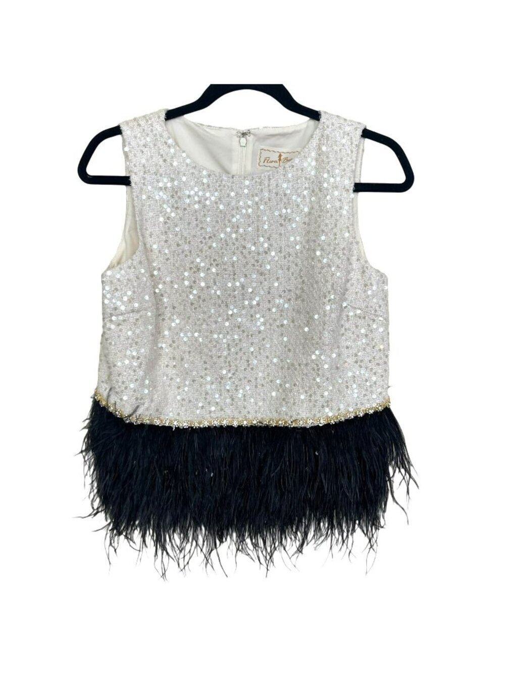 Flora Bea Cream Sequins Black Feather Boa Bella Tweed Top Size Small NWT
